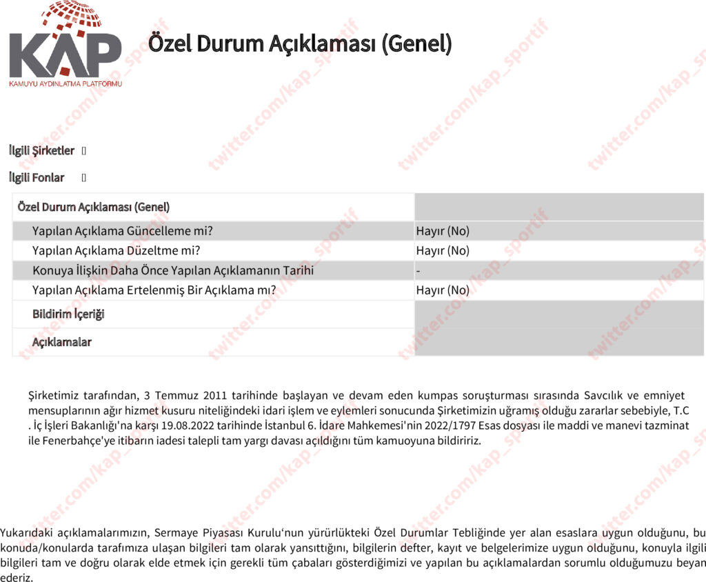 Fenerbahçe, FETÖ'nün gerçekleştirdiği 3 Temmuz kumpasında uğradığı zararlara ilişkin İçişleri Bakanlığı'na dava açtı. 2