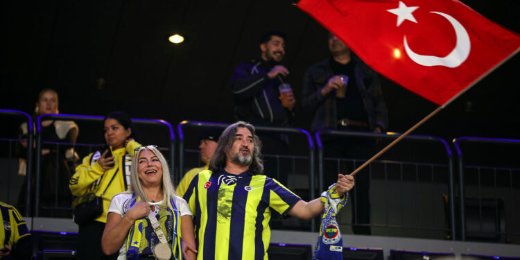 MUNICH, GERMANY - NOVEMBER 11: Fans of Fenerbahce prior the EuroLeague Regular Season Round 10 match between Fenerbahce Beko Istanbul and Maccabi Rapyd Tel Aviv at SAP Garden on November 11, 2025 in Munich, Germany. (Photo by Christina Pahnke/Euroleague Basketball via Getty Images)